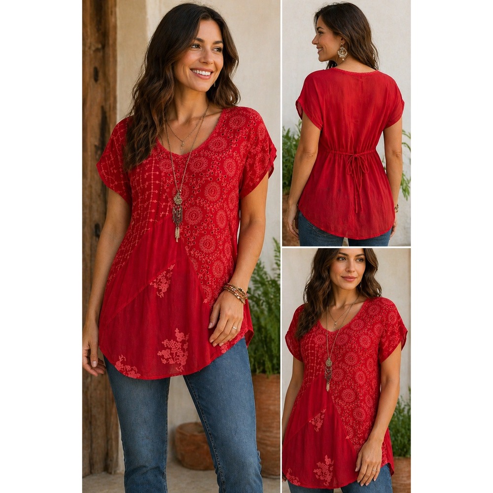 Johnny Was Top Red Embroidered Eyelet Cupra Rayon Boho Small FLAW